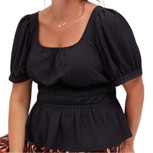 Maeve Anthropologie A+ Puff-Sleeved Stretch Peplum Top in Black, 1X